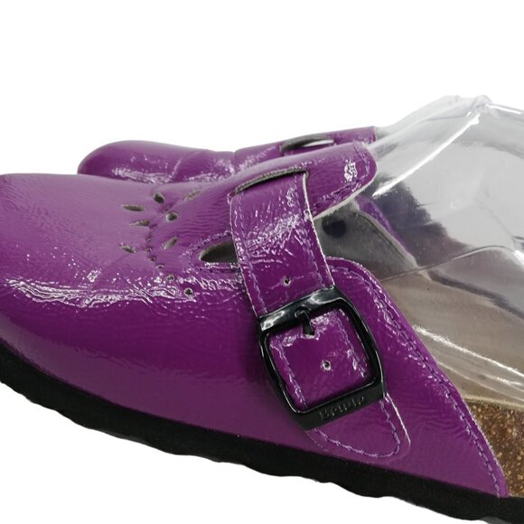 Betula Birkenstock Purple Slip On Leather Clogs Size 38 US 7 Flower Perforated - Picture 4 of 13